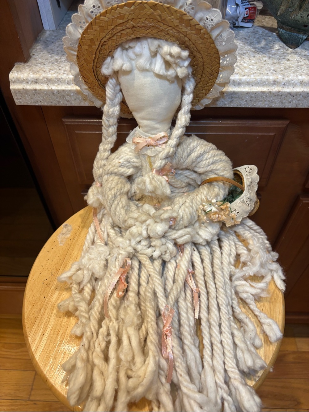 Source Unknown Cream Yarn Rag Doll with Straw Bonnet and Pink Ribbon Accents